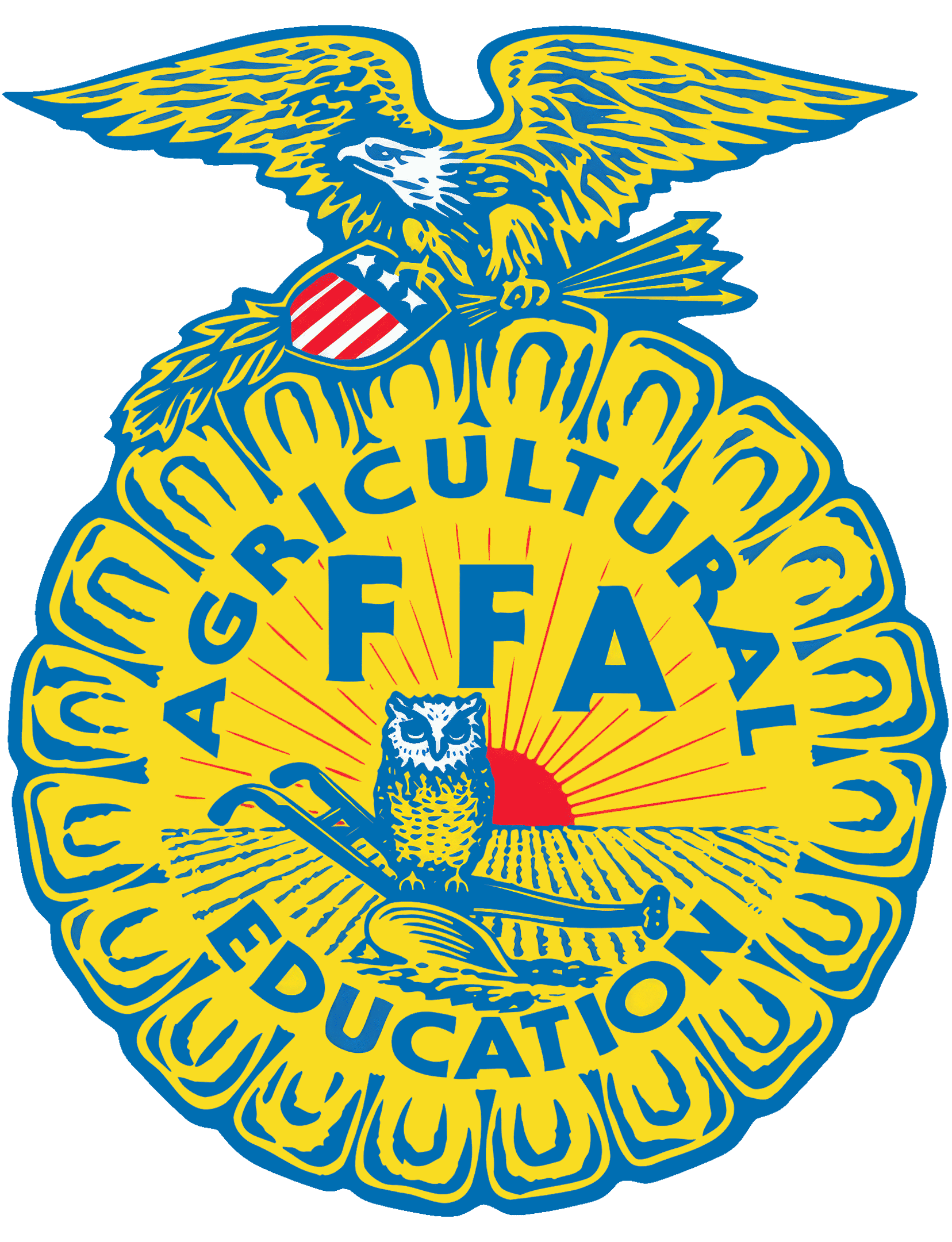 The official blue and yellow emblem of the National FFA Organization featuring an eagle, rising sun, and plow.